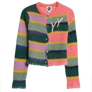 Yanyan Knits Alpaca Stripe Logo Multicolored Button Cardigan Sweater size small